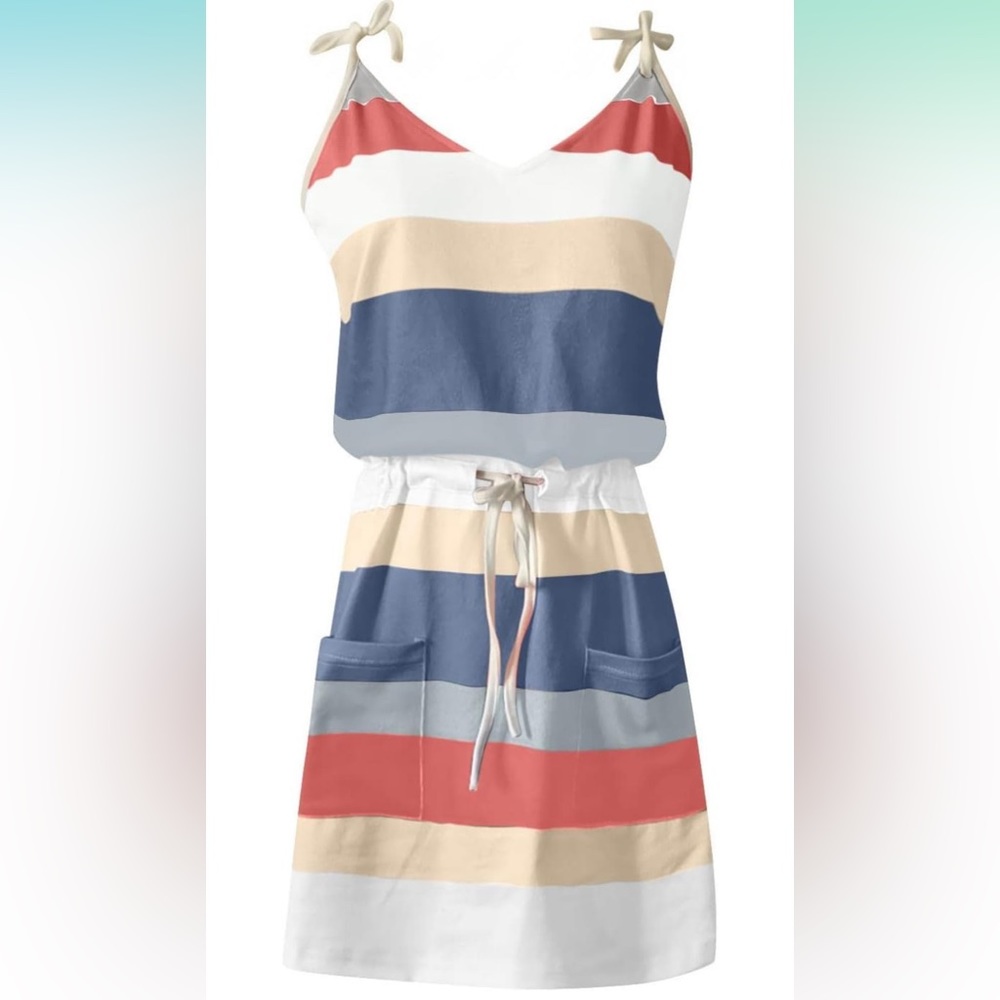 Aopirta Womens Vest Sling Mini Dress, V Neck Sleeveless Bandage Pocket Stripe